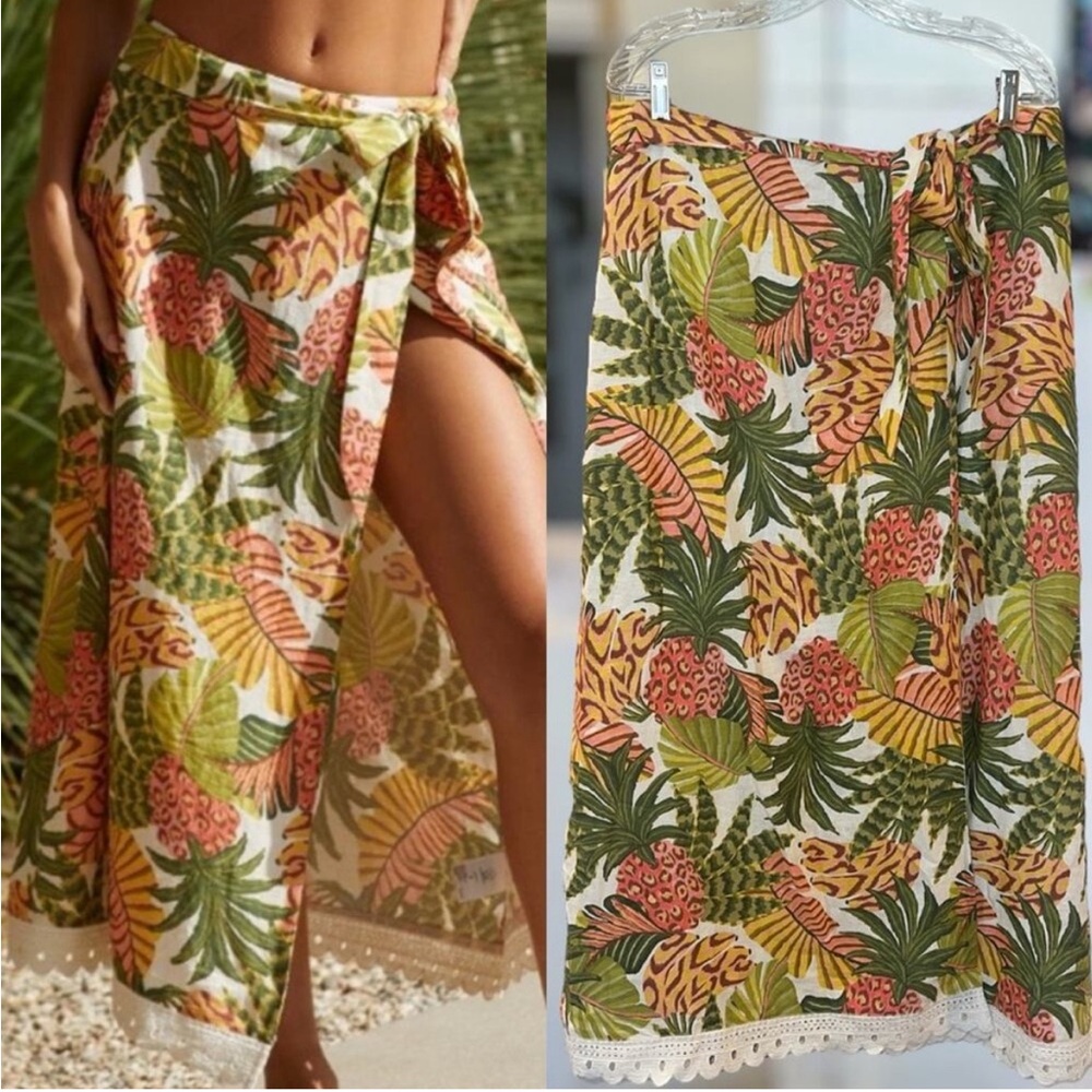 Farm Rio Anthropologie Wrap Swim Cover-Up Midi Skirt Tropical Linen Size Large